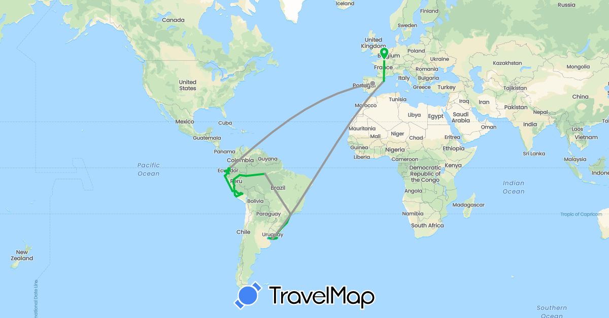 TravelMap itinerary: driving, bus, plane, boat in Argentina, Brazil, Colombia, Ecuador, Spain, France, Peru, Uruguay (Europe, South America)